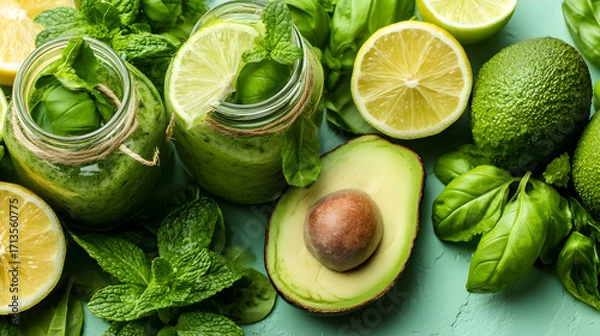 Obraz Two mason jars filled vibrant green smoothie, surrounded fresh avocado halves, lemon, lime, mint, basil leaves. A healthy delicious beverage.