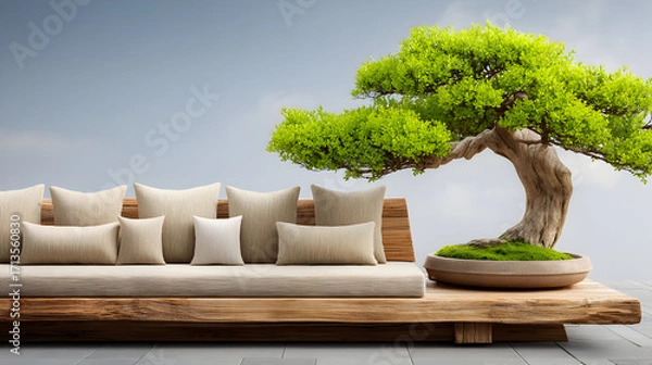 Obraz Rustic wooden daybed beige cushions a vibrant bonsai tree creates a tranquil zen garden scene.