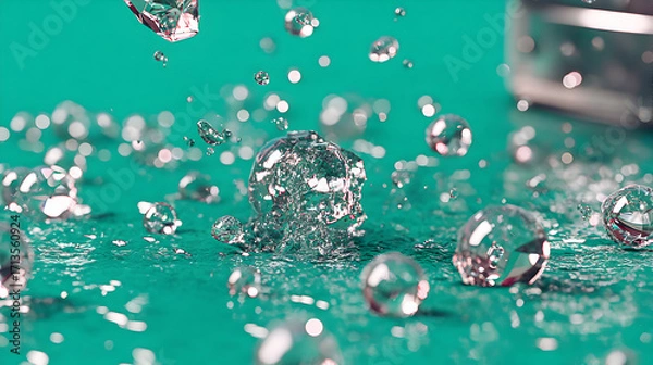 Obraz Close-up water droplets splashing a teal surface, creating a vibrant dynamic scene.