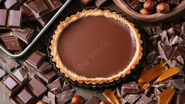 Obraz A rich chocolate tart, surrounded broken chocolate pieces, hazelnuts, caramel, creates a delectable dessert image perfect food blogs culinary websites.