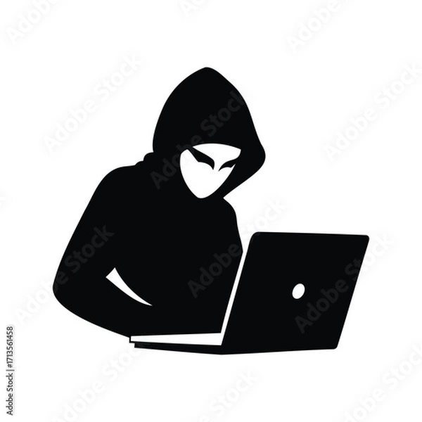 Obraz Anonymous hacker using a laptop for cybercrime and data theft operations, person hacking into system silhouette vector illustration