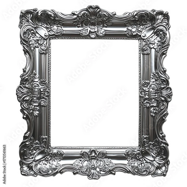 Fototapeta Ornate antique silver picture frame with intricate rococo style carvings and floral motifs isolated on transparent background