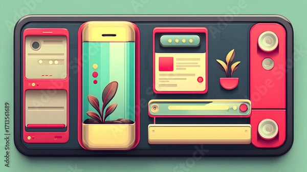 Obraz Stylish illustration a retro-futuristic user interface featuring a plant a glass enclosure, various digital elements, a minimalist design.