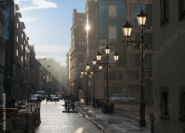 Obraz Wrocław, Polska. Stare miasto, centrum miasta o zachodzie słońca po deszczu.