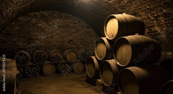 Obraz Dark cellar with brick walls  a rounded ceiling contains stacks of wooden barrels some filled with bottles