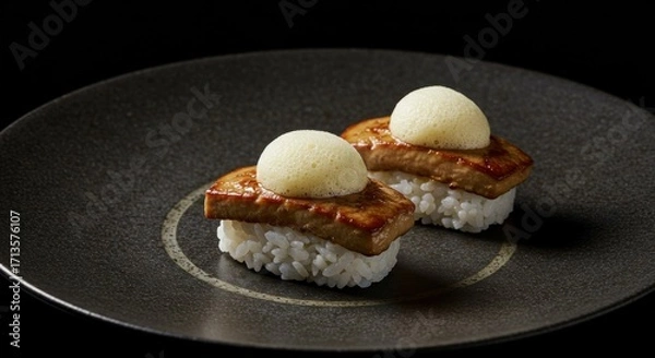 Obraz Two nigiri with seared foie gras  airy foam on a dark textured plate against a black background