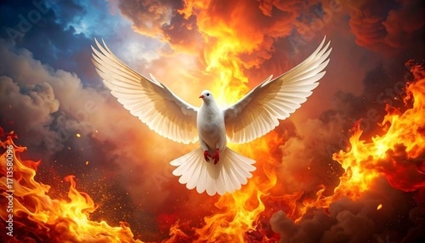 Obraz Dove soaring through fiery clouds