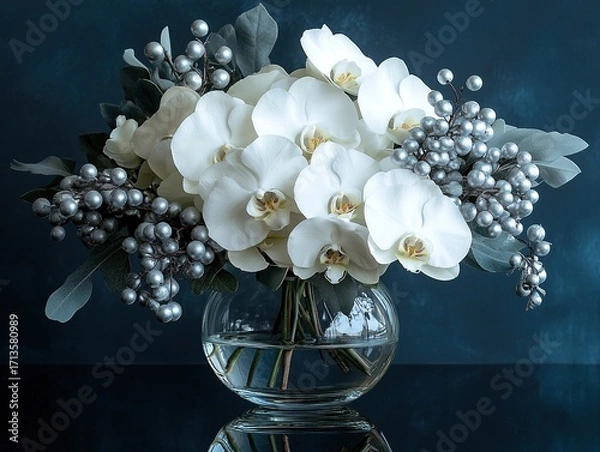 Obraz A tranquil and elegant New Year's floral arrangement featuring pristine white orchids, delicate silver brunia berries and lush white hydrangeas meticulously arranged in a clear glass vase