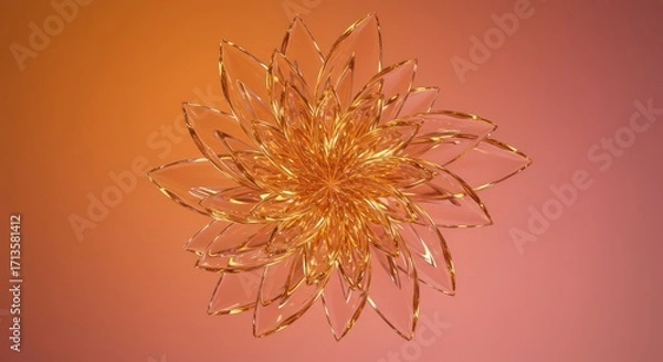 Obraz A glasslike golden flower with symmetrical petals set against a blended orangetopink backdrop