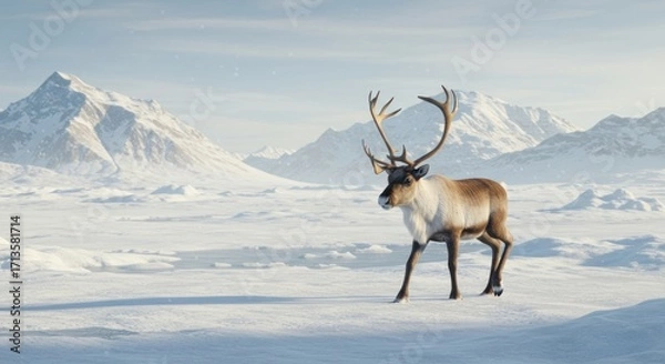 Obraz A reindeer strides across a snowy field mountains looming in the wintry background