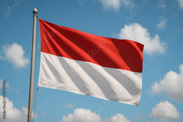Fototapeta Indonesian flag waves proudly under a bright blue sky with soft white clouds.