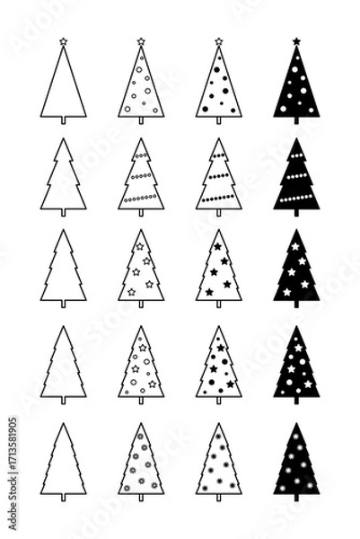 Fototapeta Christmas tree, set of icons, graphic black and white illustration, vector, flat design. A festive element for design, decorations, and postcards. A Christmas tree decorated with toys, a symbol 