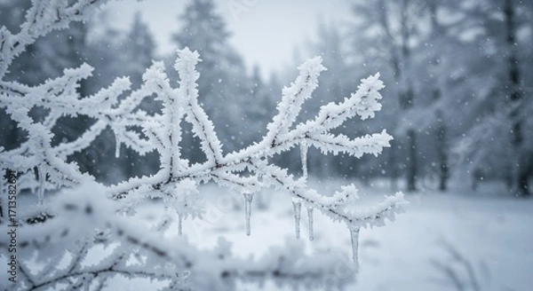 Obraz Frosted branch with icicles dangles in a snowy blurred forest