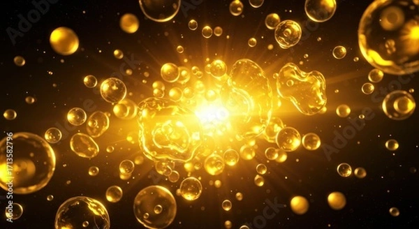 Obraz Gold fluid blobs cluster in a burst of shining light against a dark background