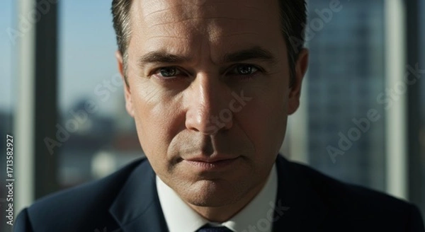 Obraz Headshot of a man in a suit focused on his face with a blurred cityscape visible through a window behind him