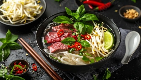 Fototapeta Traditional Vietnamese Pho Bo Soup with Raw Beef and Herbs.