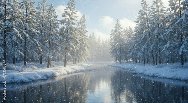 Obraz Snowcovered trees line a river reflecting the winter scene Snowflakes fall