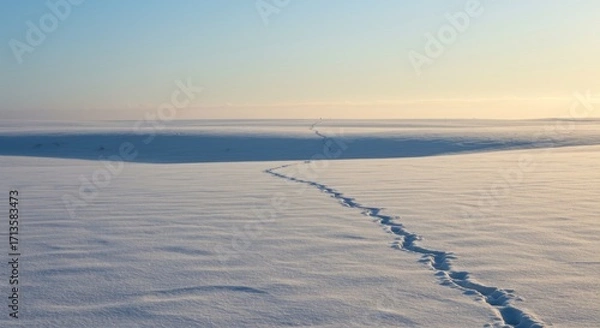 Obraz Snowy landscape with animal tracks leading into the distance under a pale sky