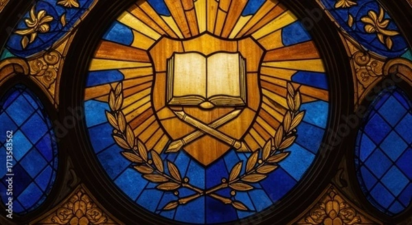 Obraz Stained glass Open book crossed quills shield sunburst design Blue and gold hues Ornate circular