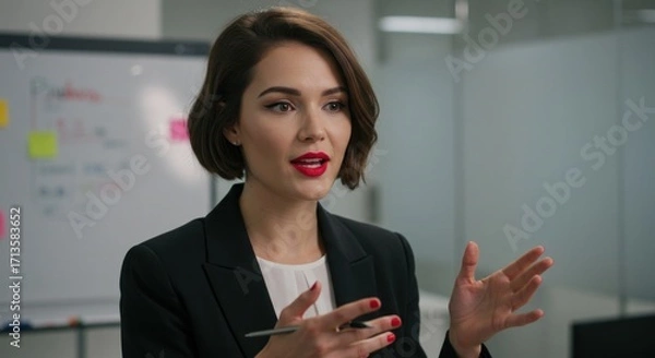 Obraz A brunette woman in a black blazer speaks gesturing with a pen in her hand A whiteboard and office setting are in the background