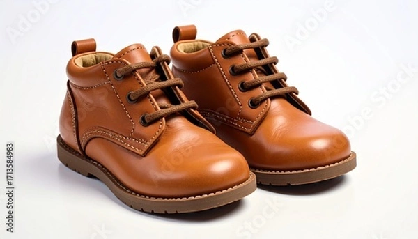 Obraz A pair of stylish brown leather lace-up boots for children on a white background.