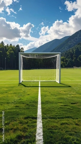 Fototapeta Scenic Soccer Goal on Green Field with Majestic Mountains in Background