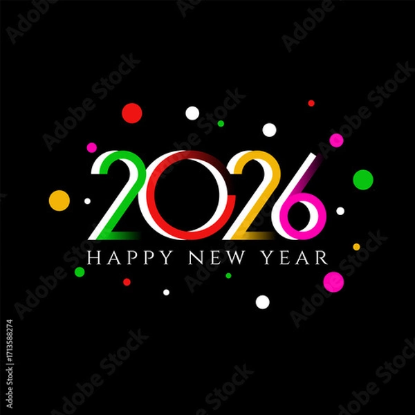 Fototapeta Colorful typography design of Happy New Year 2026 celebration greeting card on black background