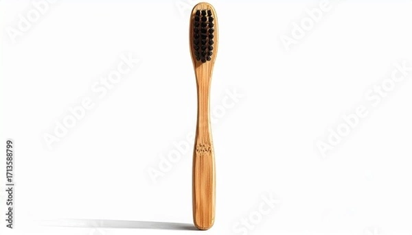 Fototapeta Eco friendly bamboo toothbrush with black bristles isolated on white background.