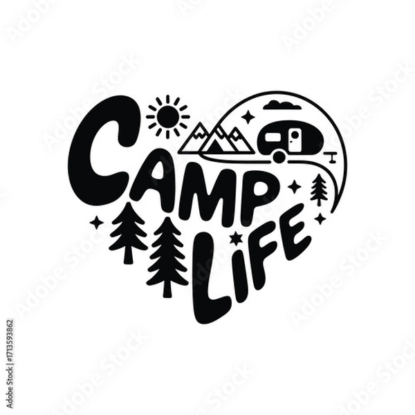 Fototapeta Heart-Shaped Camp Life Vector with Mountains, Trees, Camper, and Picnic Table ? Stylized Outdoor Adventure Design for Nature, Travel, and Camping Projects