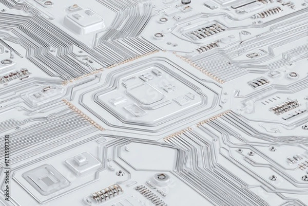 Fototapeta Intricate, gleaming white circuit board with interconnected pathways in perspective view. Abstract, modern, detailed, symmetrical, technological