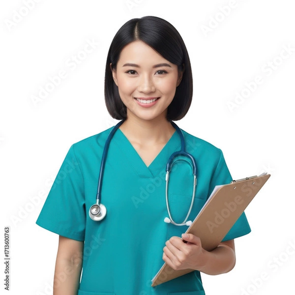 Obraz Smiling asian healthcare professional wearing teal scrubs and stethoscope holding a clipboard isolated on transparent background