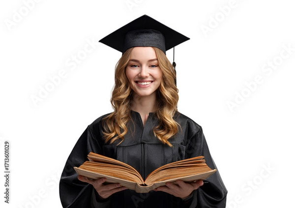 Fototapeta  a young woman wearing her graduation cap and gown, holding an open book with the pages turned to display some text or images on it.