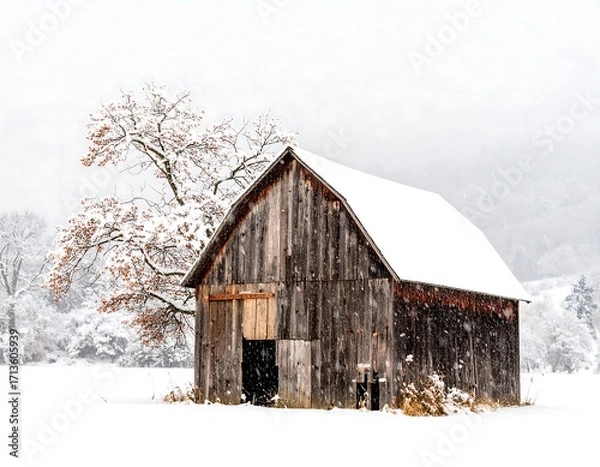 Obraz Rustic barn in snowy landscape
