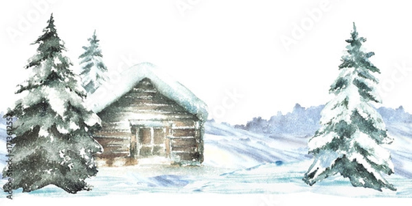 Fototapeta Winter cabin with snowy pine tree Landscape seamless border. Rustic wooden house, winter chalet a snow covered roof Watercolor painting pattern illustration isolated from background for Xmas, New Year