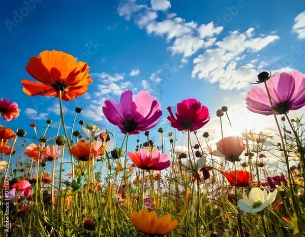 Fototapeta Creative concept of white daisy flowers arranged as a fluffy cloud with falling raindrops on a vibrant blue background, symbolizing spring freshness and nature’s beauty.