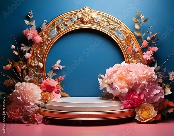 Fototapeta Creative concept of white daisy flowers arranged as a fluffy cloud with falling raindrops on a vibrant blue background, symbolizing spring freshness and nature’s beauty.