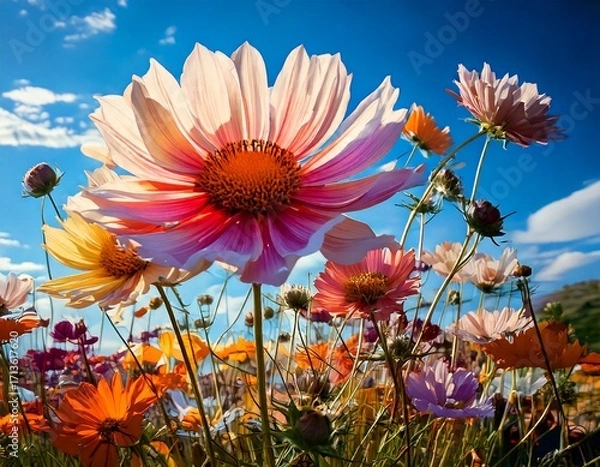 Fototapeta Creative concept of white daisy flowers arranged as a fluffy cloud with falling raindrops on a vibrant blue background, symbolizing spring freshness and nature’s beauty.