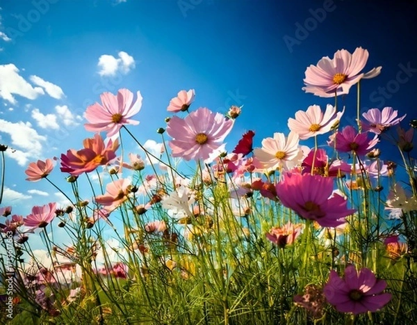 Fototapeta Creative concept of white daisy flowers arranged as a fluffy cloud with falling raindrops on a vibrant blue background, symbolizing spring freshness and nature’s beauty.