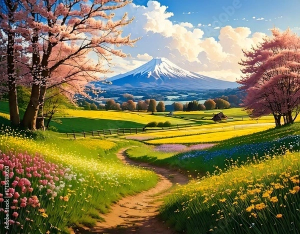 Fototapeta Creative concept of white daisy flowers arranged as a fluffy cloud with falling raindrops on a vibrant blue background, symbolizing spring freshness and nature’s beauty.