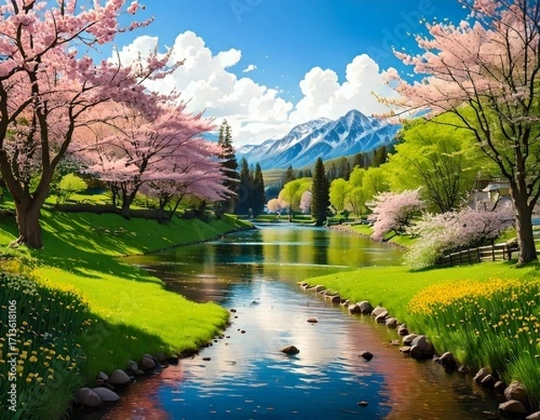 Fototapeta Creative concept of white daisy flowers arranged as a fluffy cloud with falling raindrops on a vibrant blue background, symbolizing spring freshness and nature’s beauty.