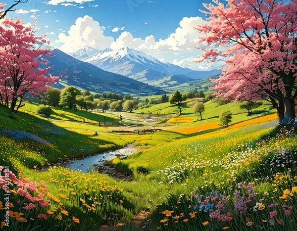 Fototapeta Creative concept of white daisy flowers arranged as a fluffy cloud with falling raindrops on a vibrant blue background, symbolizing spring freshness and nature’s beauty.