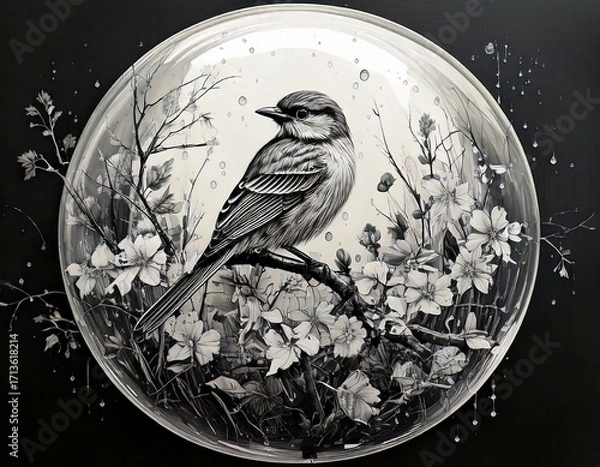 Fototapeta Creative concept of white daisy flowers arranged as a fluffy cloud with falling raindrops on a vibrant blue background, symbolizing spring freshness and nature’s beauty.