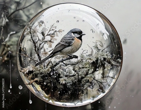 Fototapeta Creative concept of white daisy flowers arranged as a fluffy cloud with falling raindrops on a vibrant blue background, symbolizing spring freshness and nature’s beauty.