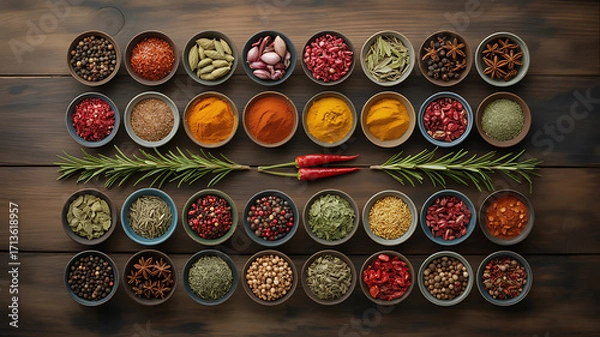 Fototapeta Assorted dried spices and herbs in bowls with chili peppers and rosemary image