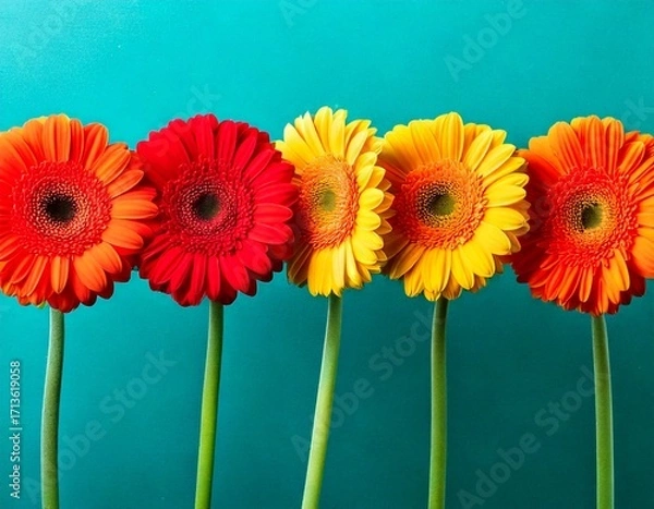 Fototapeta Creative concept of white daisy flowers arranged as a fluffy cloud with falling raindrops on a vibrant blue background, symbolizing spring freshness and nature’s beauty.