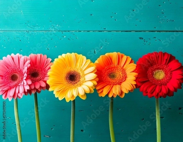 Fototapeta Creative concept of white daisy flowers arranged as a fluffy cloud with falling raindrops on a vibrant blue background, symbolizing spring freshness and nature’s beauty.