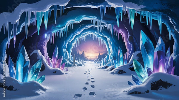 Fototapeta Crystal cave with glowing ice formations and snowy path ice cave glowing crystals