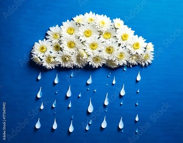 Fototapeta Creative concept of white daisy flowers arranged as a fluffy cloud with falling raindrops on a vibrant blue background, symbolizing spring freshness and nature’s beauty.