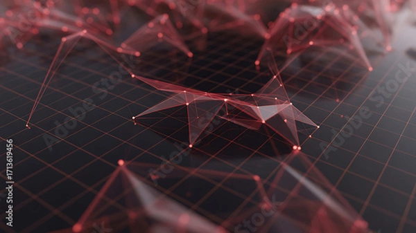 Fototapeta Glowing red geometric network connections on dark grid abstract technology