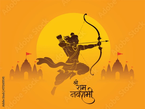 Obraz A silhouette of Lord Rama drawing a bow and arrow against a bright orange sun and temple silhouettes. Text in Hindi reads 'Ram Navami'.